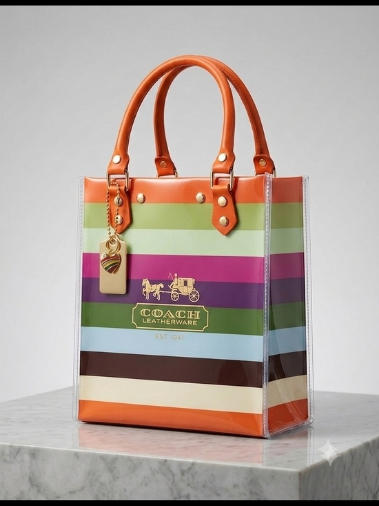 Coach Handbags - Coach Striped Paper Shopping Bag Covered In PVC Plastic With Purse Charm
